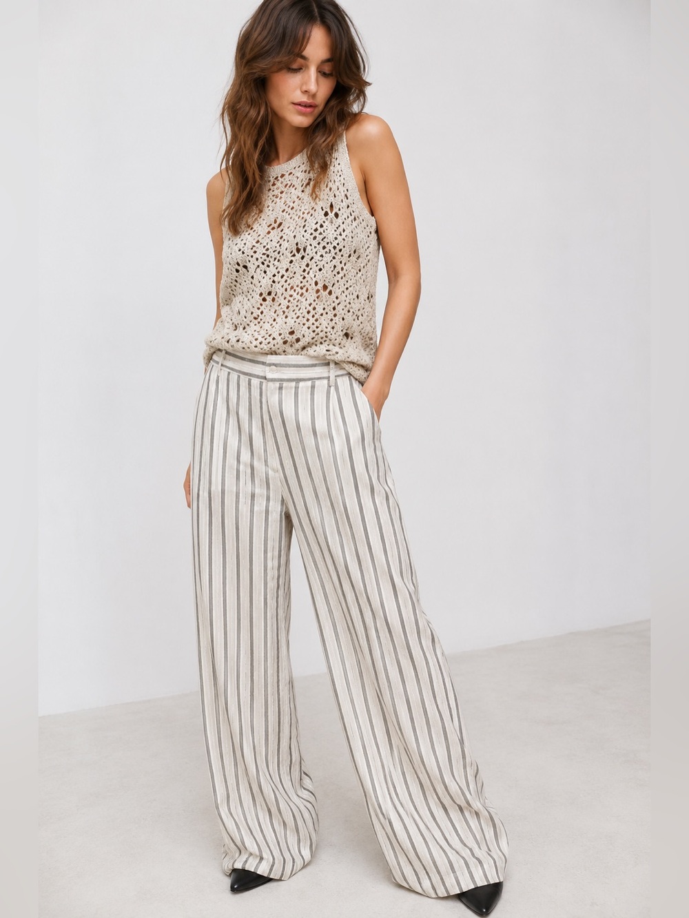 Zara Studio Linen Striped Wide Leg Wrap Trouser Pants Size XL NWT